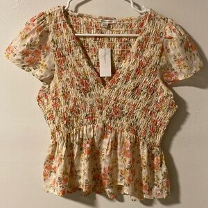 American Eagle Pink & Cream Floral V-Neck Blouse (S)